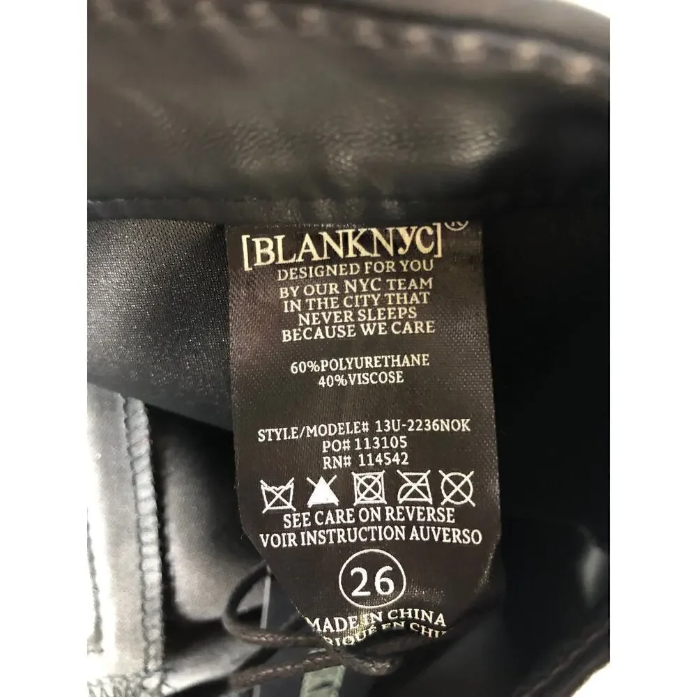 Blank NYC The Bond Vegan Leather Skinny Pants Mid Rise Carbon Black NWT Size 26